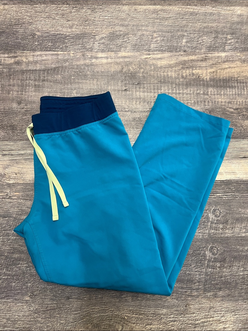 Figs Teal Livingston Straight-Leg Pants with Navy Waistband & Yellow Drawstring